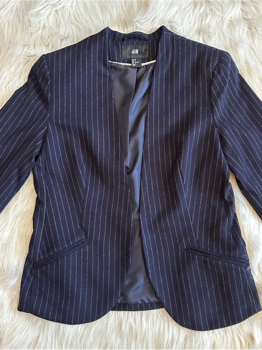 H&M Women's Navy Pinstripe Open Blazer